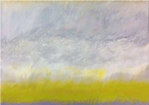 Oil and oil stick artwork by Connie Van Rijn. Yellow, grass like foreground with grey-sky.