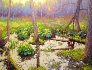 Oil painting by Steven Vero featuring a marsh with trees