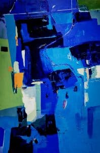 Abstract painting by Rowena Dykins featuring block colours of dark and light blue, green, yellow, and white.
