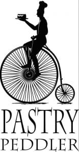 Pastry Peddler logo. Chef holding a cake while riding an old fashioned bike graphic.
