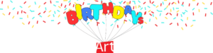 AGP logo with blue, red, yellow, and teal confetti and balloons that spell out "Birthdays"