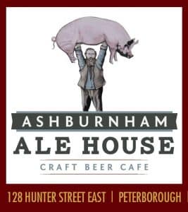Ashburnham Ale House logo. Strongman holding up large pig graphic. Text reads: "Craft Beer Café." Red border with gold text reading: "128 Hunter Street East Peterborough."