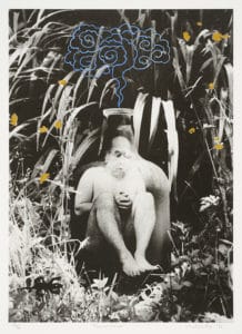 Nobuo Kubota's screenprint featuring a black and white rendering of a person sitting in a transparent bottle in a forrest with gold leaf flowers and blue stylized smoke