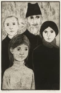 Etching on paper by Rita Briansky featuring four people in style of a family portrait