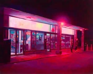 Oil painting by Keita Morimoto depicting two people standing outside a commercial building at night, red street lights