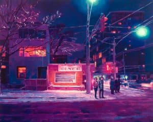 Oil painting by Keita Morimoto depicting four people waiting to cross a street. Building with a sign reading: "Diner." Blue street lights.