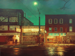 Oil painting by Keita Morimoto featuring a city street scape at night with green and red street signs