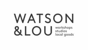 Watson and Lou logo. Black text on a white background. Text reads: "Watson and Lou: workshops, studios, local goods."