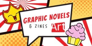 Speech bubble with text that reads "Graphic Novels and Zines" surrounded by the Art gallery of Peterborough logo, a stylized drawing of a cupcake and a flame emoji. Background is made of four panels, with red and white radiating lines top left and bottom right, and orange dots on a yellow surface for bottom left and top right.