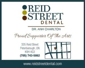 Reid Street Dental Clinic logo. blue, yellow, and burgundy circle graphic. Text reads: "Proud Supporter of the Arts." Image includes a map.