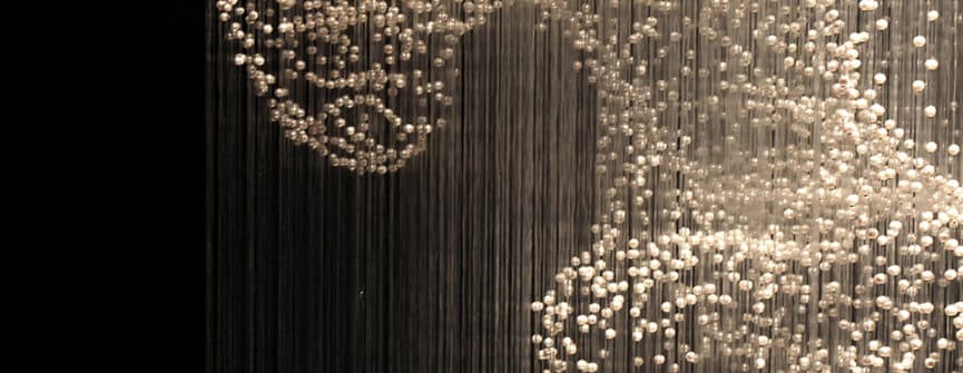 Xiaojing Yan, Cloud Cell, Freshwater pearls, monofilament thread, aluminum, 96” x 45” x 45”, 2014. Courtesy of the artist.