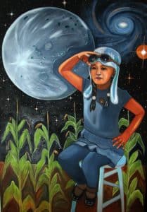 Painting by Shelley Niro. Woman on a stool in a cornfield with a blue hat and goggles. Moon and galaxy in the night sky.