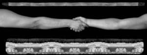 bBlack and white photograph by Shelley Niro featuring two arms extended in hand shake