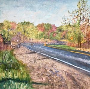 Oil painting by Nicole Bauberger featuring a rural highway between Peterborough and Ottawa surrounded by autumn trees