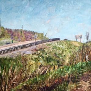 Oil painting by Nicole Bauberger featuring a rural highway with two road signs, hydro poles, and surrounded by trees and bushes