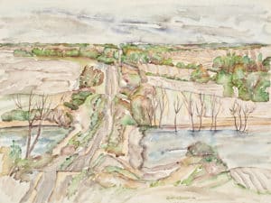 Watercolour painting by Adeline Rocket. Rolling hills with a river, trees, and a road passing through the centre from the foreground to background.