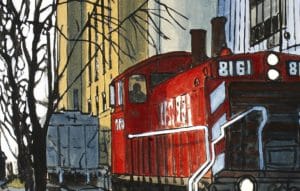 Oil painting by Peer Christensen featuring a stylized red train with factory-like buildings in the background