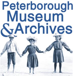 Peterborough Museum and Archives logo. 20th Century photograph of three children holding hands.