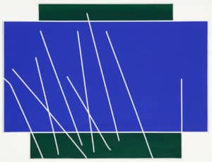Painting by Ron Bloore. Dark green rectangle overlapped by a wider blue rectangle in background with crossed straight white lines in the foreground.
