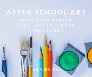 Pencil, pencil crayons, paint brushes, and paint squares on a blue background. Text reads: "After School Art With Linda Warren. Oct 8 - Oct 29. 4 - 6pm. Age1s 11-16."