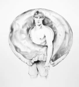 Graphite drawing by Chris Ironside featuring a young man in swimming trunks and baseball cap with an inflatable swimming doughnut. Swimming doughnut has a bite taken out of it.