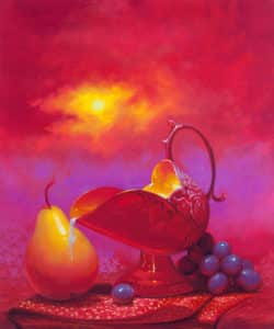 Oil painting by Megan Ellen MacDonald featuring a pear, grapes and gravy bowl. Pink and red sunset background.