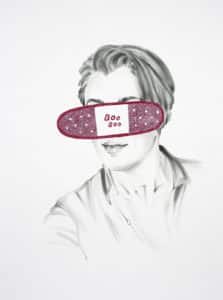 Graphite drawing by Chris Ironside. Greyscale portrait of a young man with pink glitter band aid across eyes. Text on the band aid reads: "boo boo."