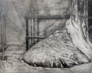 Graphite drawing by Sasha Opeiko featuring the interior of a dilapidated industrial room with a blob-like shape in foreground