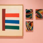 Left: Jack Bush, Stripes to the Right, 1965, colour serigraph on paper, Collection of the Robert McLaughlin Gallery; Right: FFG, letters, 2018-2019, digital drawing, chromogenic print mounted on plexi
