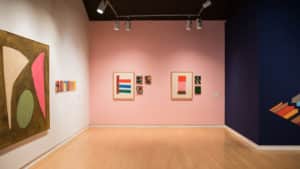 Gallery view of the exhibition duet featuring abstract paintings and digital drawings by Jack Bush and Francisco-Fernando Granados installed in the AGP's main gallery