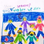 Marker and pen drawing of a fire fighter, police officer, a doctor and a nurse with the text: "Merci de votre aide. Merci beaucoup. After woohoo we did it!"