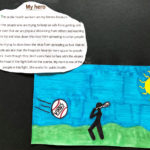 Marker drawing of a person swinging a baseball bat to hit a baseball with the text “virus.” Drawing has the following text: “The public health works are my heroes because they are the people who are trying to keep us safe from getting sick. They make sure that we are physical distancing from others and washing our hands to try and slow down the virus from spreading to other people. They are also trying to slow down the virus from spreading so fast that so many people are sick that the hospitals have no more space for people that are sick. Even though they don’t come face to face with the viruses they are the head of the fight behind the scenes. My mom is one of the people in this fight. She works for public health.”