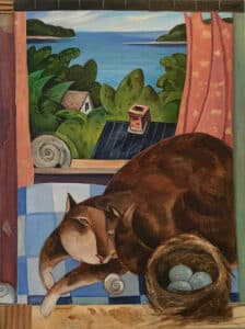 Stylized acrylic painting of a brown cat sitting next to a bird's nest with three blue eggs in front of a window by Eugenie Fernandes