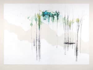 Mixed media painting by Anne Renouf featuring trees and a canoe with green and blue paint splotches on a white and untreated canvas