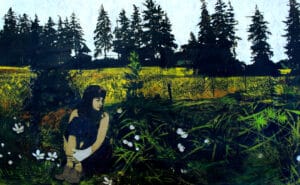 Mixed media painting by Shannon Taylor featuring a person sitting alone in the grass with pine trees in the background