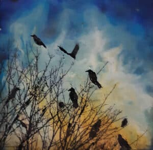 Encaustic painting my Victoria Wallace featuring silhouettes of crows in a tree
