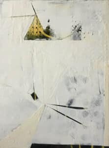 Oil and wax abstract painting by Connie van Rijn. Yellow triangle accented in black on a white textured background.