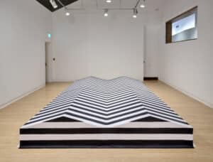 Lyn Carter's rectangular sculpture with two peaks and a black and white strip skin installed in the AGP's main gallery