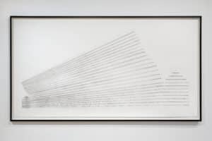 Framed drawing of a net for one of Lyn Carter's sculptures. White background with thin black strips installed on a wall in the AGP's main gallery.