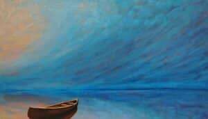 Spencer J. Harrison's acrylic painting featuring a brown canoe floating in blue water