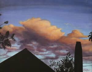 Acrylic painting by Victoria Wallace featuring the silhouette of a building at twilight
