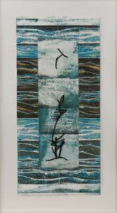 Aquarelle mono print collage by Louise Laroche featuring shades of blue and brown and textures of water and leaves