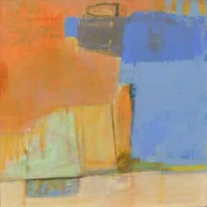 Mix media painting by Carol Forbes in the abstract expressionist style prominently featuring square and rectangular shapes of orange and blue