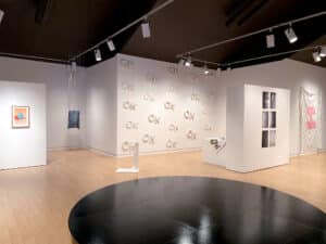 Gallery view of the exhibition Presently featuring various sculpture and print works installed in the AGP's main gallery