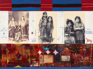 Mixed media on canvas featuring three images of indigenous sisters