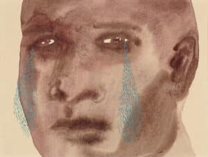 Watercolour painting by Lucie Chan of a person with stylized tears coming out of their open eyes