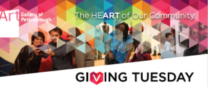 Three people taking a selfie on the left and a group of people looking at art on the right over lapped by a multi coloured transparent weave graphic. Text reads: "The Heart of Our Community. Giving Tuesday."