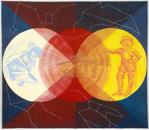 Acrylic painting of three circles in white, red, and yellow with a night sky background. The white circle features a curled up woman. The Red circle features an architectural structure. And the yellow circle features a man extending his arm and pointing.