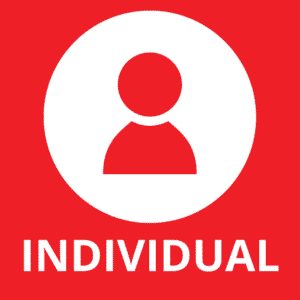 Individual Membership Icon. Red background with white circular graphic of a person