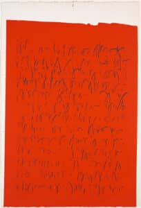 illegible writing on red/orange background screenprinted on line cream coloured paper